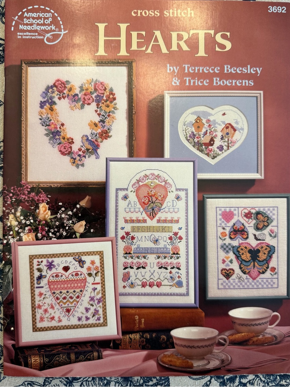 Cross Stitch Hearts #3692 Romantic Florals Gardens Birdhouse Butterfly Cottage‎